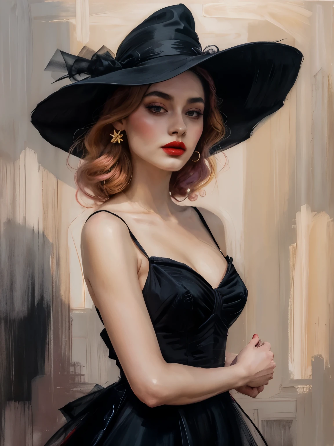 técnica de claroscuro en la ilustración de un elegante , retro y vintage ,Mujer arafed con labios rojos y un sombrero negro posando para una foto., vistiendo vestido negro y sombrero, labios sexys :5 con estilo, cara sexy con maquillaje completo, por Wayne Inglaterra, labios rojos gruesos, Hermosa bruja con pelo largo, Labios rojos sexys, vistiendo un vestido viejo negro y un sombrero, glamour misterioso, pintura mate, por Hannah Dale, por Harumi Hironaka, colores extremadamente suaves, vibrante, pastel, muy detallado, Obras de arte digitales, alto contraste, dramático, refinado, tonal, proporción áurea