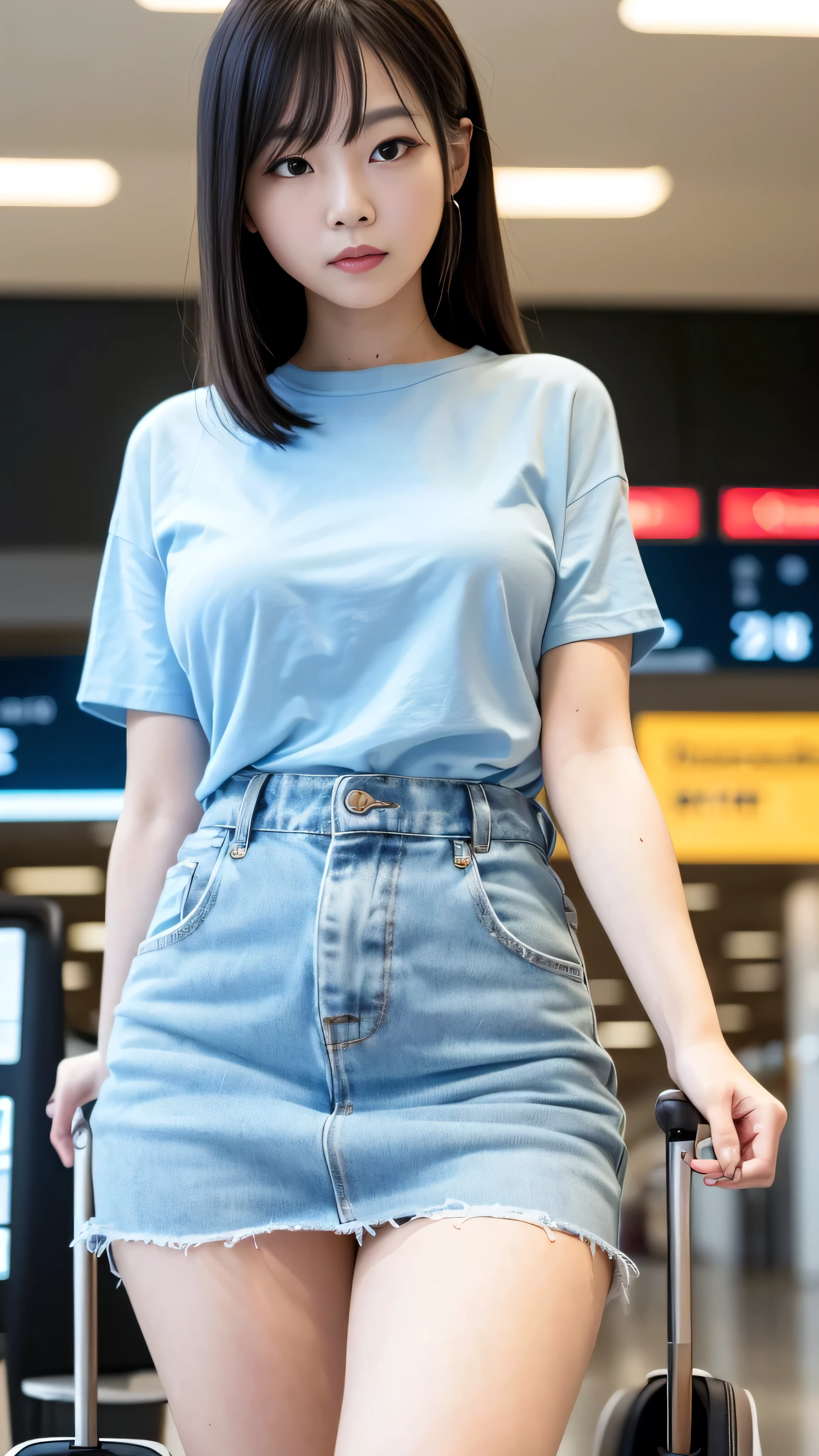 Realistic, ultra-high definition (UHD), 16k, masterpiece: 1.2, photo-realistic: 1.37, a Korean female is captured in an eye-level shot as she walks through the airport terminal. Her crossed bangs frame a slightly yet captivating smile. Wearing a casual white t-shirt, her outfit radiates comfort and effortless style. The blurry backdrop of the airport creates a sense of motion and a POV perspective, immersing the viewer in the scene. Her eyes, with their striking contrast and long lashes, catch the viewer's attention. High-resolution details accentuate her facial features, showcasing her