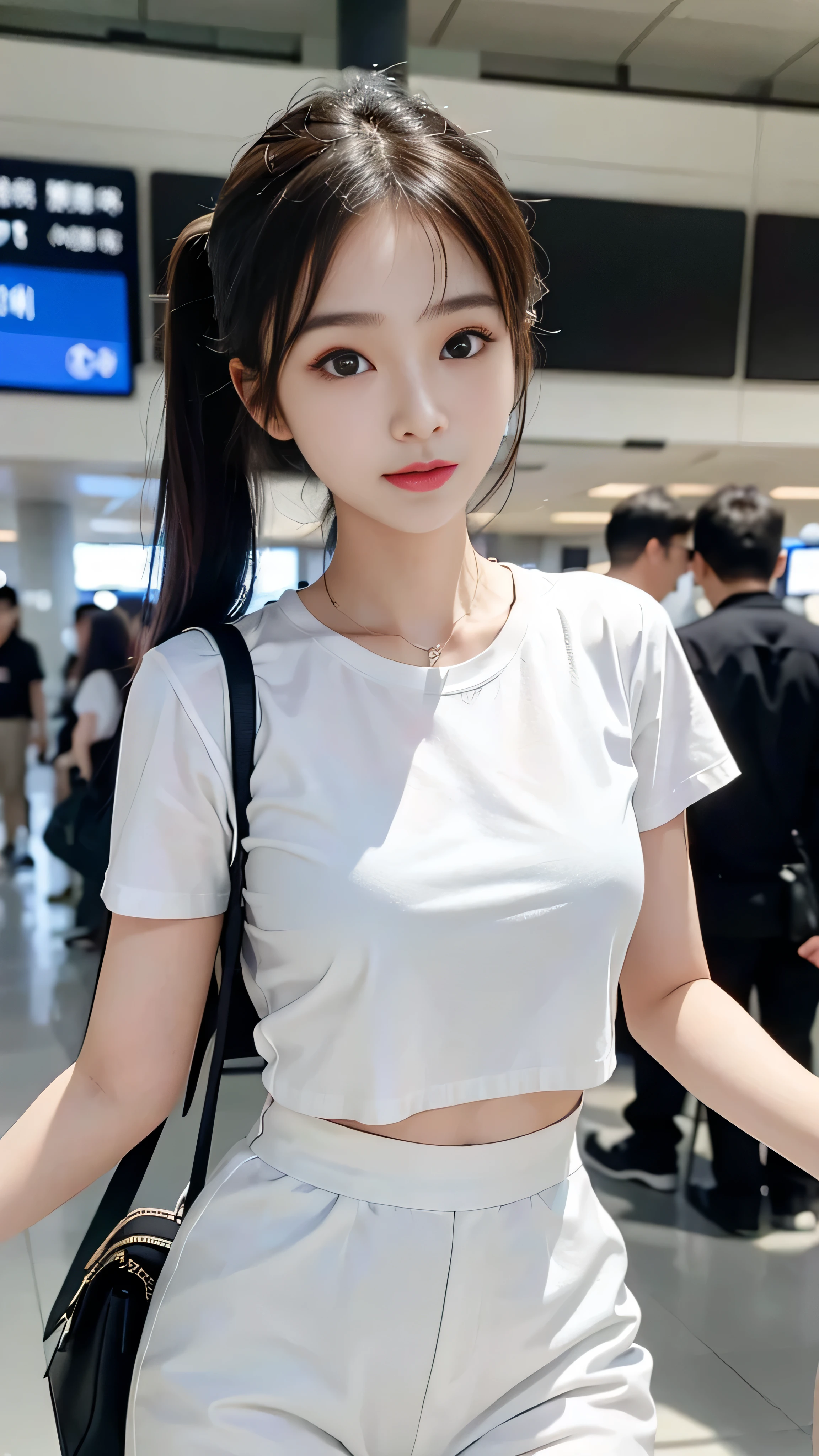 Realistic, ultra-high definition (UHD), 16k, masterpiece: 1.2, photo-realistic: 1.37, a Korean female is captured in an eye-level shot as she walks through the airport terminal. Her crossed bangs frame a slightly yet captivating smile. Wearing a casual white t-shirt, her outfit radiates comfort and effortless style. The blurry backdrop of the airport creates a sense of motion and a POV perspective, immersing the viewer in the scene. Her eyes, with their striking contrast and long lashes, catch the viewer's attention. High-resolution details accentuate her facial features, showcasing her