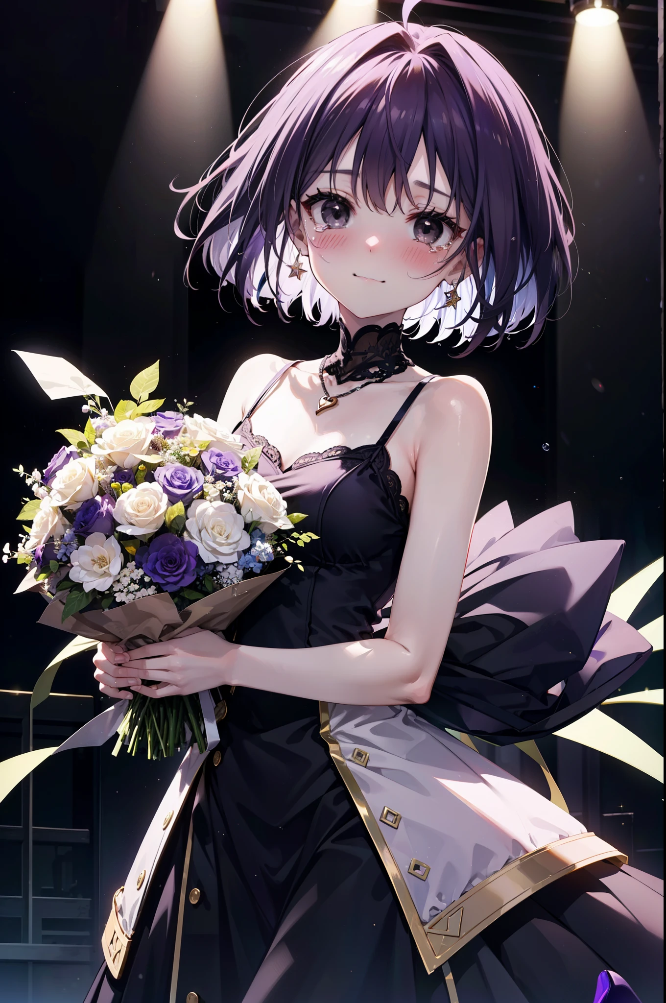 yuukikonno, Yuki Konno,Purple Hair,Short Hair,Bob Hair ,Ahoge,Green headband,(Black eyes:1.5), (Small breasts:1.2), smile,Purple Dress,Purple long skirt,purple stiletto heels,Sleeveless,Expose your shoulders,Bare arms,Bare neck,bare clavicle,She is holding a large bouquet of flowers in both hands...,There is a big cake on the table,Heart Necklace,Tears stream down her face,Tears of joy,I cry a lot,Looking up from below,
break indoors,  venue,on stage,
break looking at viewer, Upper Body, (Cowboy Shot:1.5), 
break (masterpiece:1.2), highest quality, High resolution, unity 8k wallpaper, (shape:0.8), (Beautiful details:1.6), Highly detailed face, Perfect lighting, Extremely detailed CG, (Perfect hands, Perfect Anatomy),