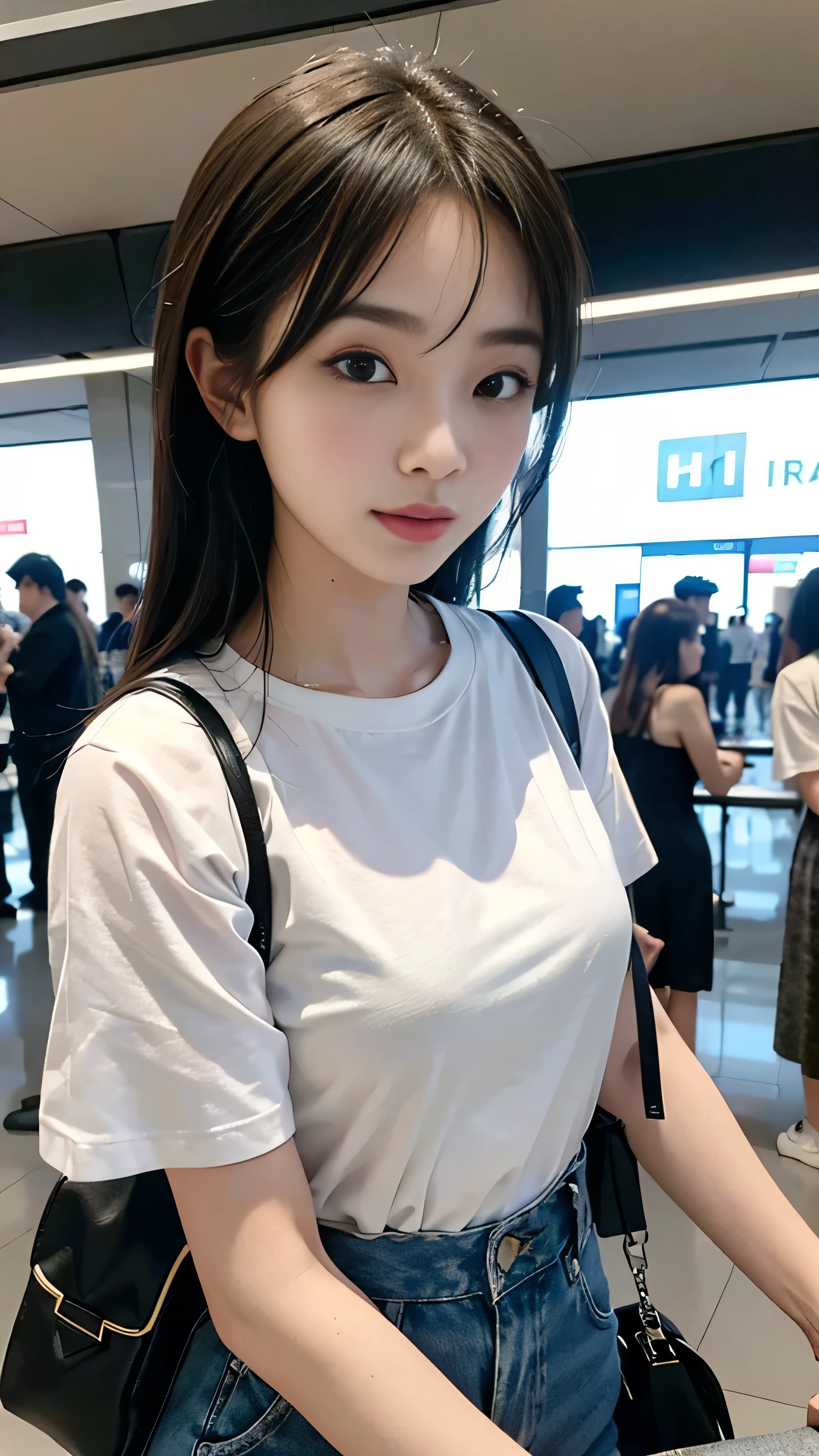 Realistic, ultra-high definition (UHD), 16k, masterpiece: 1.2, photo-realistic: 1.37, a Korean female is captured in an eye-level shot as she walks through the airport terminal. Her crossed bangs frame a slightly yet captivating smile. Wearing a casual white t-shirt, her outfit radiates comfort and effortless style. The blurry backdrop of the airport creates a sense of motion and a POV perspective, immersing the viewer in the scene. Her eyes, with their striking contrast and long lashes, catch the viewer's attention. High-resolution details accentuate her facial features, showcasing her