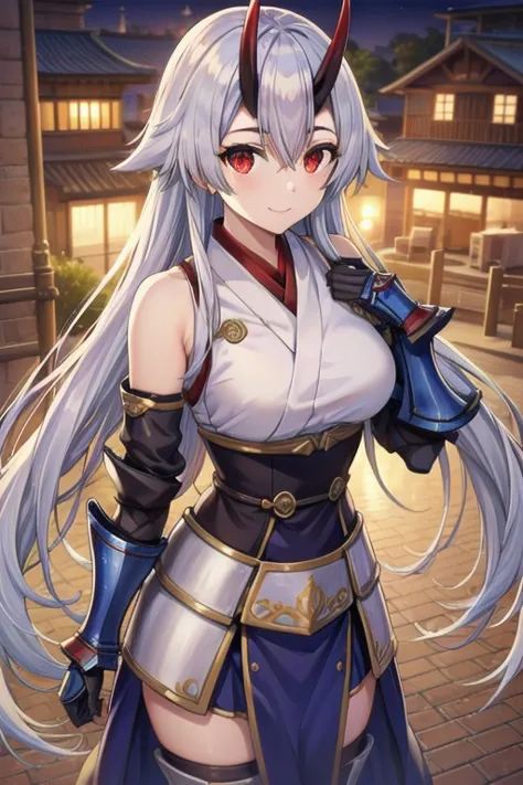 masterpiece, best quality, tomoe gozen, torino style, 1person, adult, red eyes, cute smile, hair between eyes, silver hair, very...