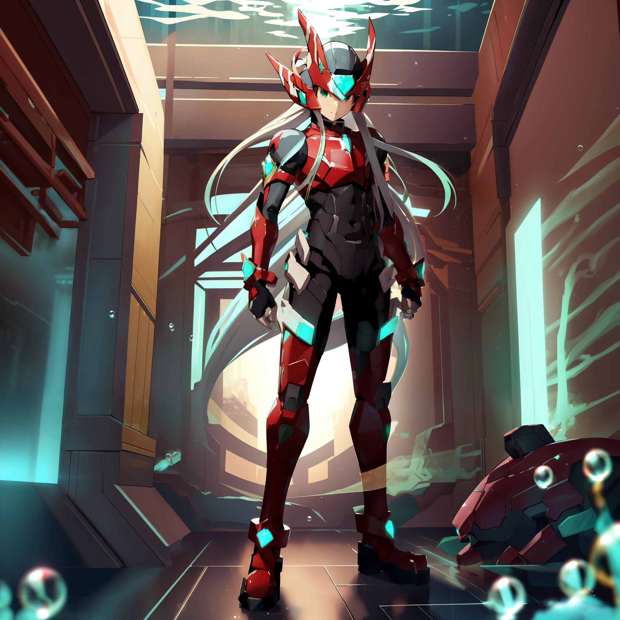 megzeromyth2023, 1boy, long white hair, red armor, green energy sword, high quality, masterpiece, standing in an underwater city with lots of bubbles, in the style of yuumei, intricate architectures, indigo, miniature illumination, daniel f. gerhartz