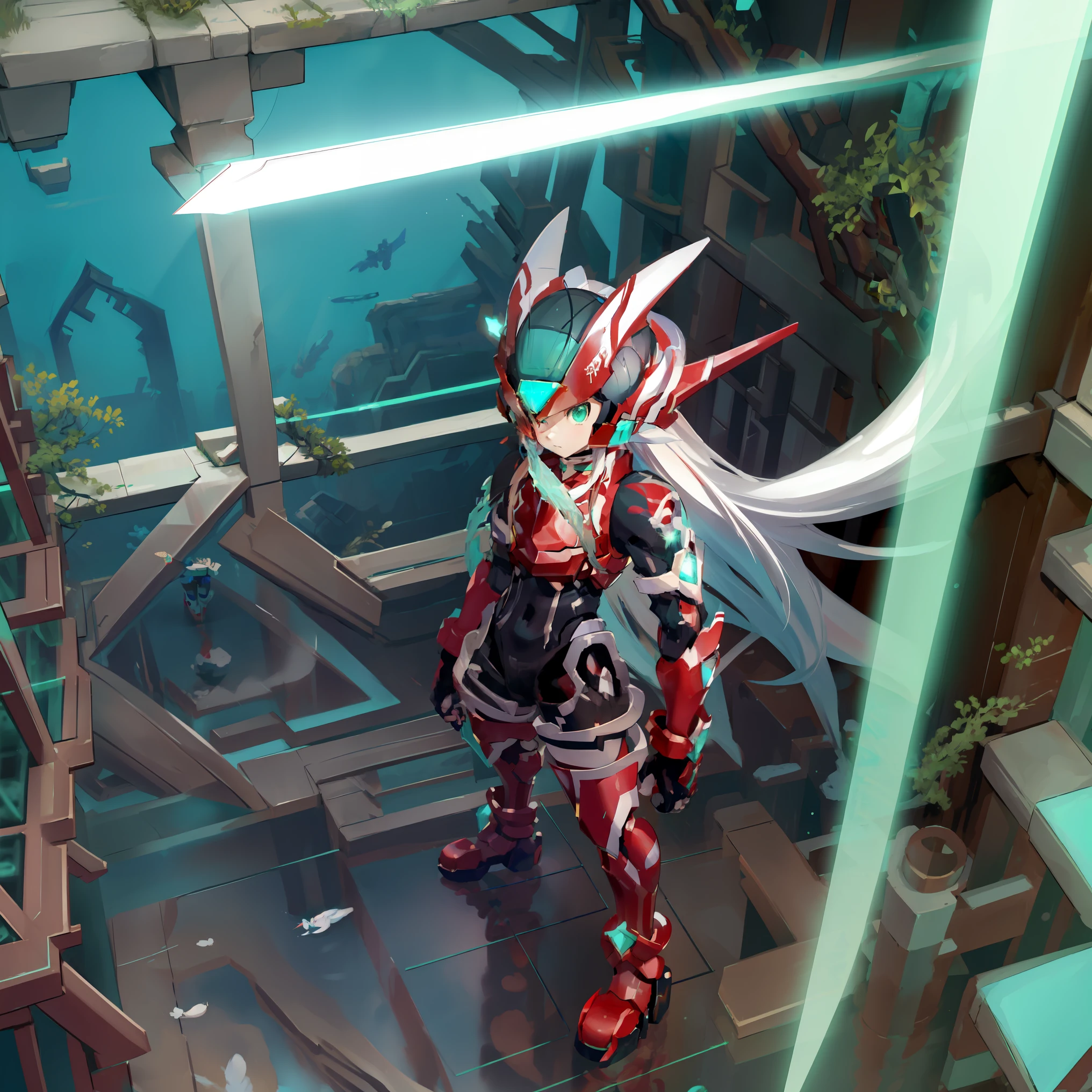 megzeromyth2023, 1boy, long white hair, red armor, green energy sword, high quality, masterpiece, standing in an underwater city with lots of bubbles, in the style of yuumei, intricate architectures, indigo, miniature illumination, daniel f. gerhartz