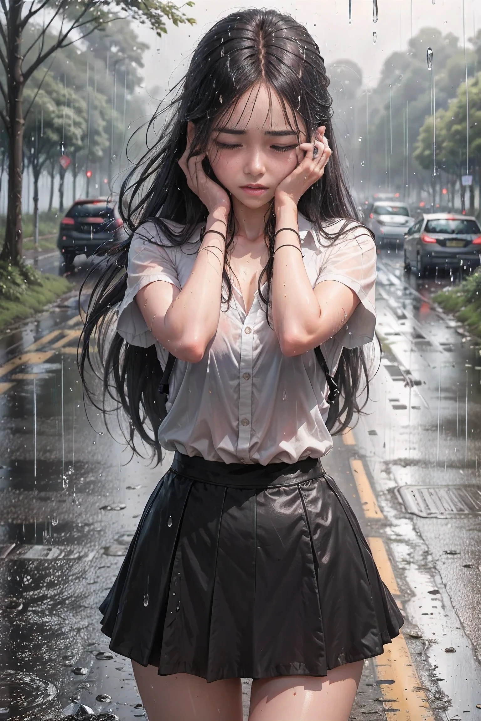 a beautiful girl crying in the countryside road, rainy, trees around the road, standing while wiping tears, wet shirt, use skirt, long hair, black hair, a bit thick