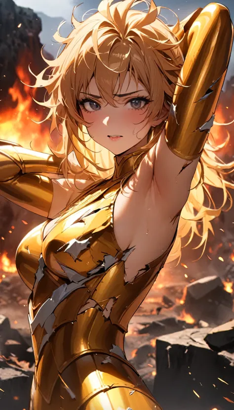 (masterpiece), (highest quality), (1 girl), Girl in golden armor, Cool pose, Battlefield Background, Fire Background, Saint Seiy...
