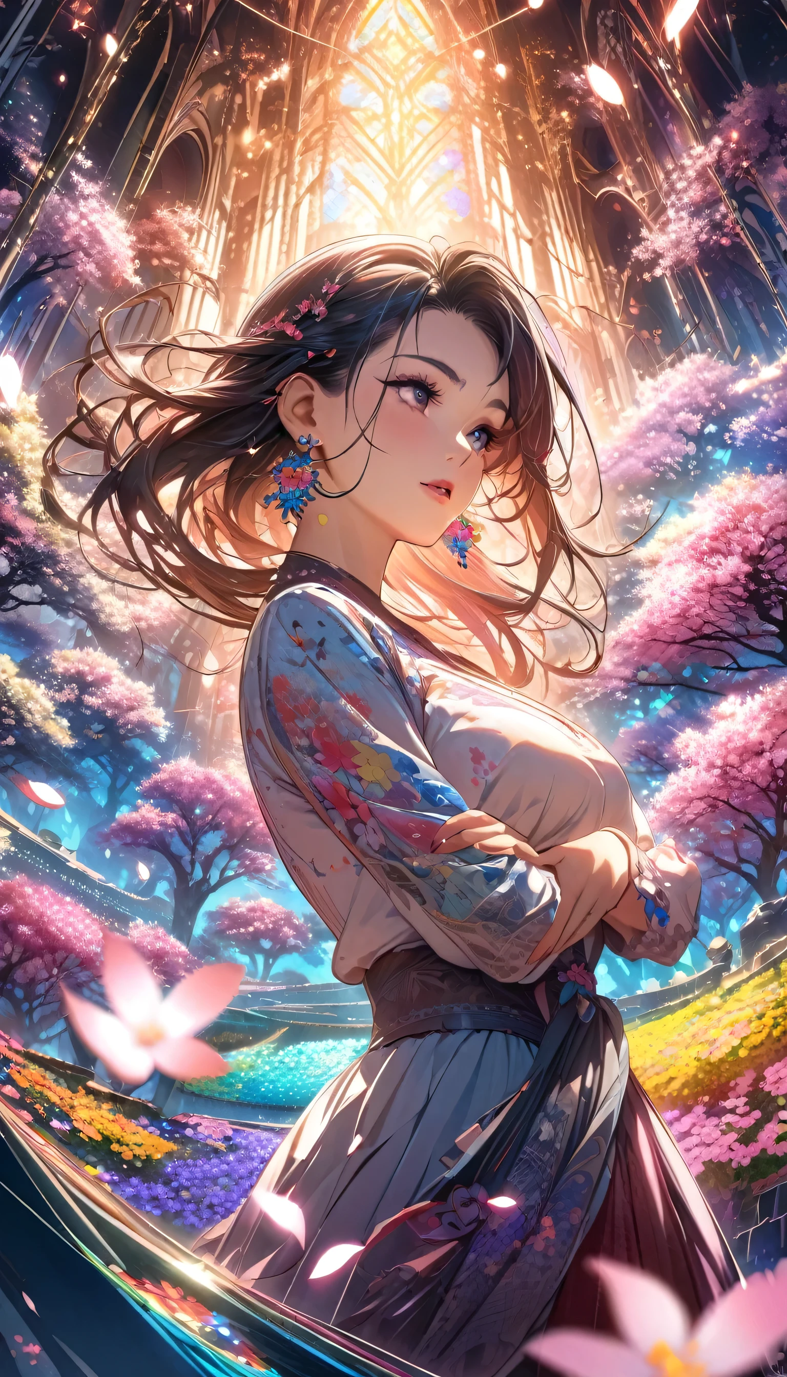 Anime Style, Ultra-fine illustrations, Very detailedな, Dynamic Angle, Beautiful details, 8k, On a Spring Night, Cherry blossom tree illuminated by city lights々is quietly shining. Break A woman stops, I was fascinated by the beautiful scenery, Watching the cherry blossoms fluttering down. Her expression is、It speaks of the coming of spring and a heartfelt admiration for the beauty of cherry blossoms.. masterpiece, highest quality, highest quality, Official Art, beautifully、Aesthetically beautiful:1.2), (1 girl, mature:1.3, Older:1.3), Very detailed,(Fractal Art:1.1),(colorful:1.4)(Flowers:1.3),Most detailed,(Tangled:1.2), (Dynamic pose), (Abstract background:1.3), (Shiny skin), (Many colors:1.4),(Earrings:1.4),