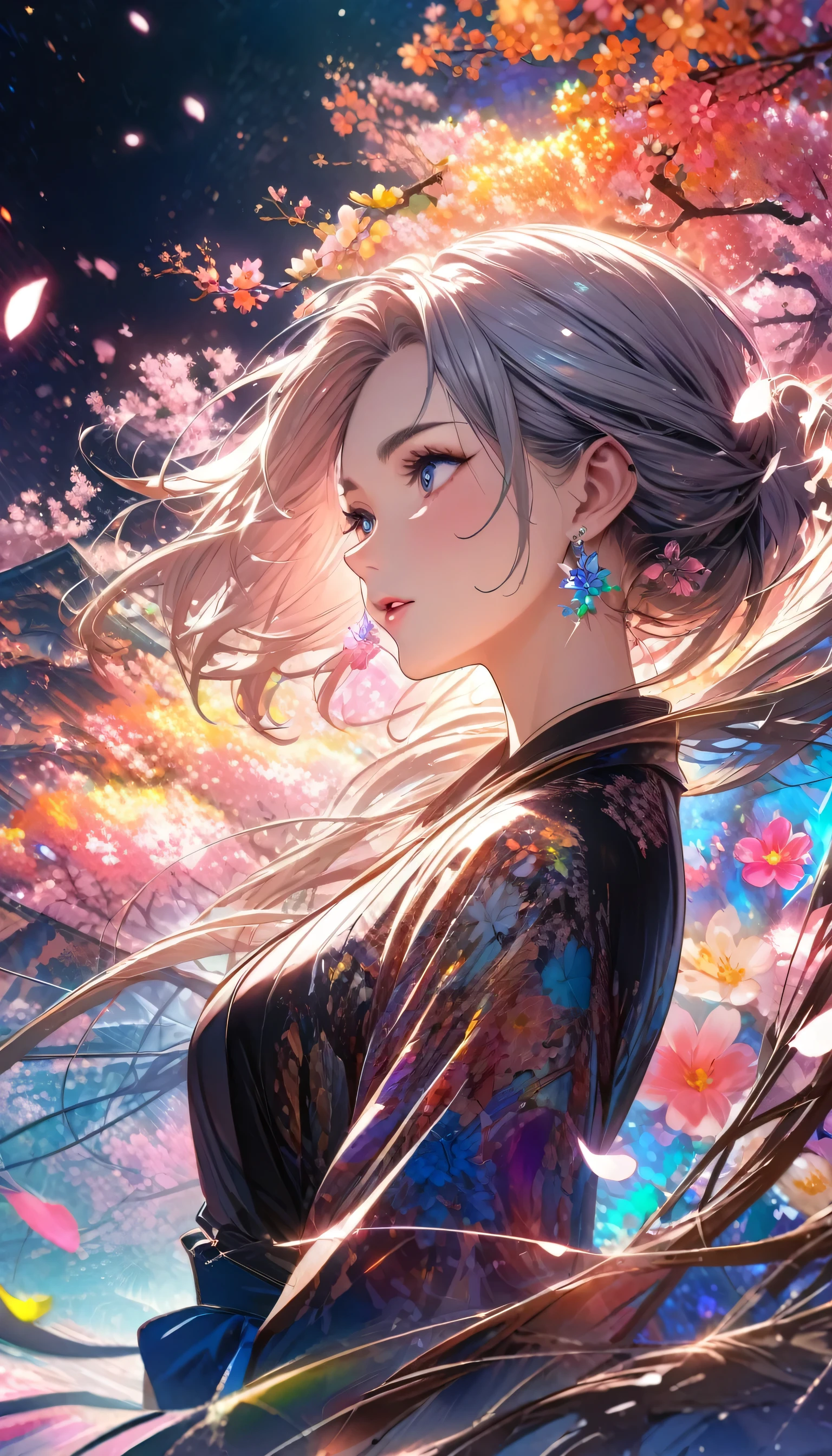 Style animé, Des illustrations ultra fines, très détailléな, Angle dynamique, beaux détails, 8k, Une nuit de printemps, Cerisier en fleurs illuminé par les lumières de la ville々brille tranquillement. Pause Une femme s&#39;arrête, J&#39;étais fasciné par les magnifiques paysages, Regarder les fleurs de cerisier flotter. Son expression est、Il parle de l&#39;arrivée du printemps et d&#39;une admiration sincère pour la beauté des fleurs de cerisier... chef-d&#39;œuvre, la plus haute qualité, la plus haute qualité, art officiel, magnifiquement、esthétiquement beau:1.2), (1 fille, mature:1.3, plus vieux:1.3), très détaillé,(art fractal:1.1),(Coloré:1.4)(fleurs:1.3),Le plus détaillé,(Emmêlé:1.2), (pose dynamique), (fond abstrait:1.3), (peau brillante), (plein de couleurs:1.4),(des boucles d&#39;oreilles:1.4),