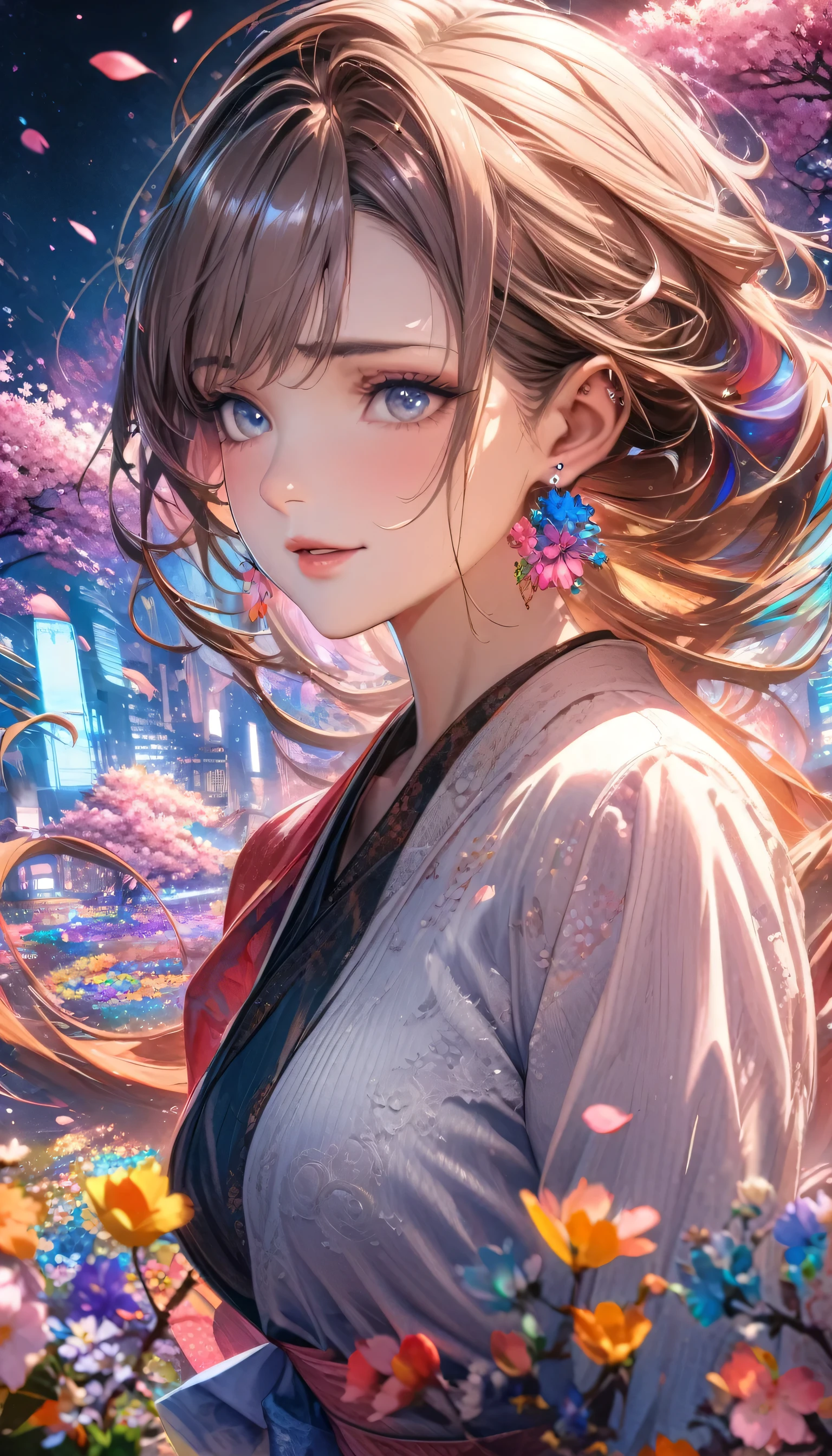 Anime Style, Ultra-fine illustrations, Very detailedな, Dynamic Angle, Beautiful details, 8k, On a Spring Night, Cherry blossom tree illuminated by city lights々is quietly shining. Break A woman stops, I was fascinated by the beautiful scenery, Watching the cherry blossoms fluttering down. Her expression is、It speaks of the coming of spring and a heartfelt admiration for the beauty of cherry blossoms.. masterpiece, highest quality, highest quality, Official Art, beautifully、Aesthetically beautiful:1.2), (1 girl, mature:1.3, Older:1.3), Very detailed,(Fractal Art:1.1),(colorful:1.4)(Flowers:1.3),Most detailed,(Tangled:1.2), (Dynamic pose), (Abstract background:1.3), (Shiny skin), (Many colors:1.4),(Earrings:1.4),