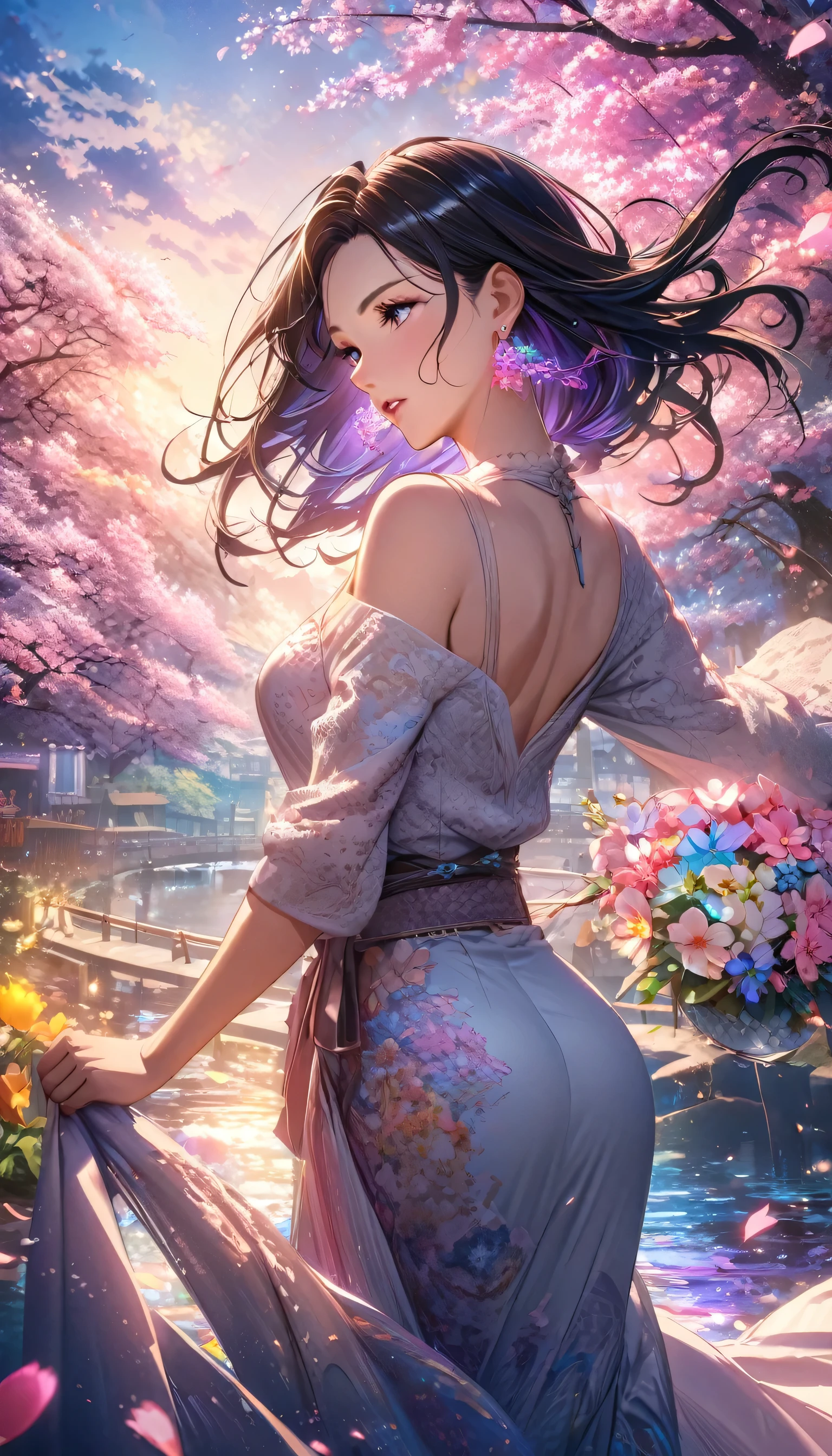 estilo animado, Ilustraciones ultrafinas, Muy detalladoな, ángulo dinámico, Hermosos detalles, 8K, En una noche de primavera, Cerezo en flor iluminado por las luces de la ciudad々esta brillando silenciosamente. Romper Una mujer se detiene, Me fascinó el hermoso paisaje., Mirando las flores de cerezo revoloteando. su expresión es、Habla de la llegada de la primavera y de una sincera admiración por la belleza de los cerezos en flor... obra maestra, de la máxima calidad, de la máxima calidad, arte oficial, hermosamente、estéticamente hermoso:1.2), (1 chica, maduro:1.3, más viejo:1.3), Muy detallado,(Fractal Art:1.1),(Vistoso:1.4)(flores:1.3),Más detallado,(Enredado:1.2), (pose dinámica), (fondo abstracto:1.3), (piel brillante), (Muchos colores:1.4),(pendientes:1.4),