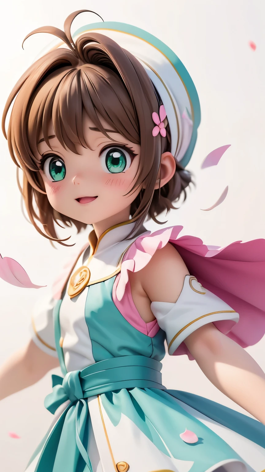 Highest quality，Ultra HD，(Details)，(masterpiece)，(best quality),(Light Layer)，Aesthetics，Textured Skin，1girl，Q version，little girl，Sakura Kinomoto，Green eyes，Short brown hair，Laugh out loud，Pink wizard style dress，White background，(Petals falling:0.8)，Upper Body