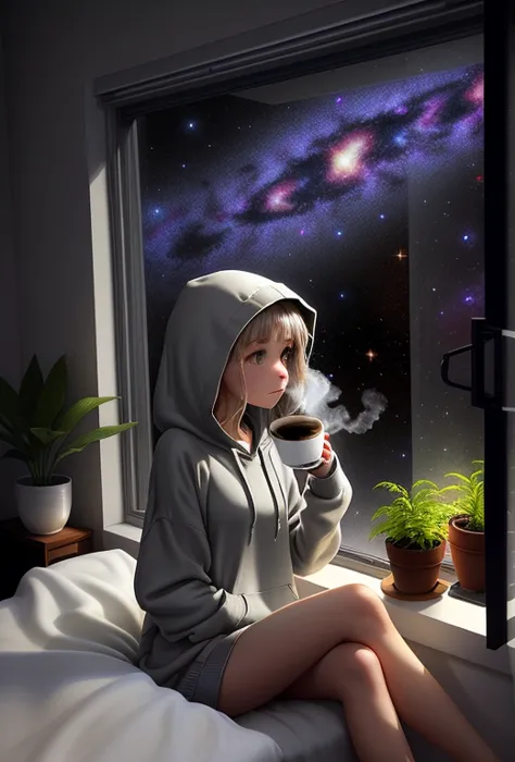 1girl, 
 sitting in bed next to a large window, holding coffee cup, steaming coffee cup, wearing over sized hoodie, grey hoodie,...