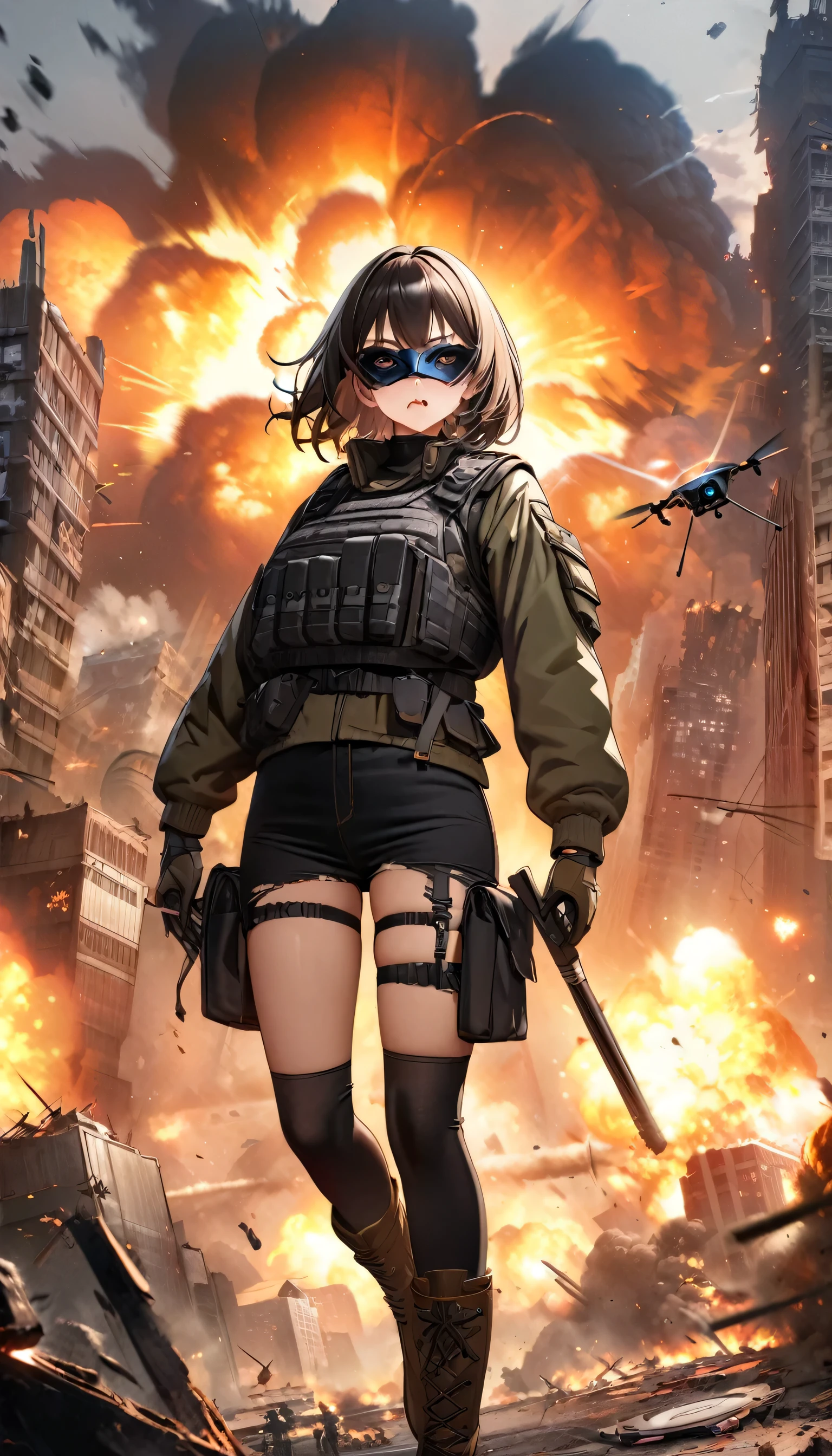 ((high quality)), ((masterpiece)), 8k, One girl, Bulletproof vest, light, Highly detailed CG Unity 8k wallpaper, Game CG, View your viewers, gloves, boots, whole body, clock, computer, mask, Drone, Have a weapon, Jacket, (Background Destroyed city , explosion , cigarette