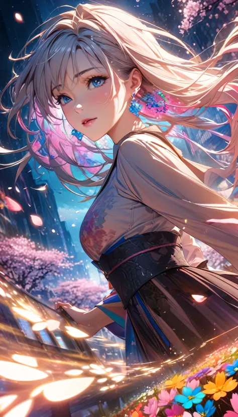 Anime Style, Ultra-fine illustrations, Very detailedな, Dynamic Angle, Beautiful details, 8k, On a Spring Night, Cherry blossom t...