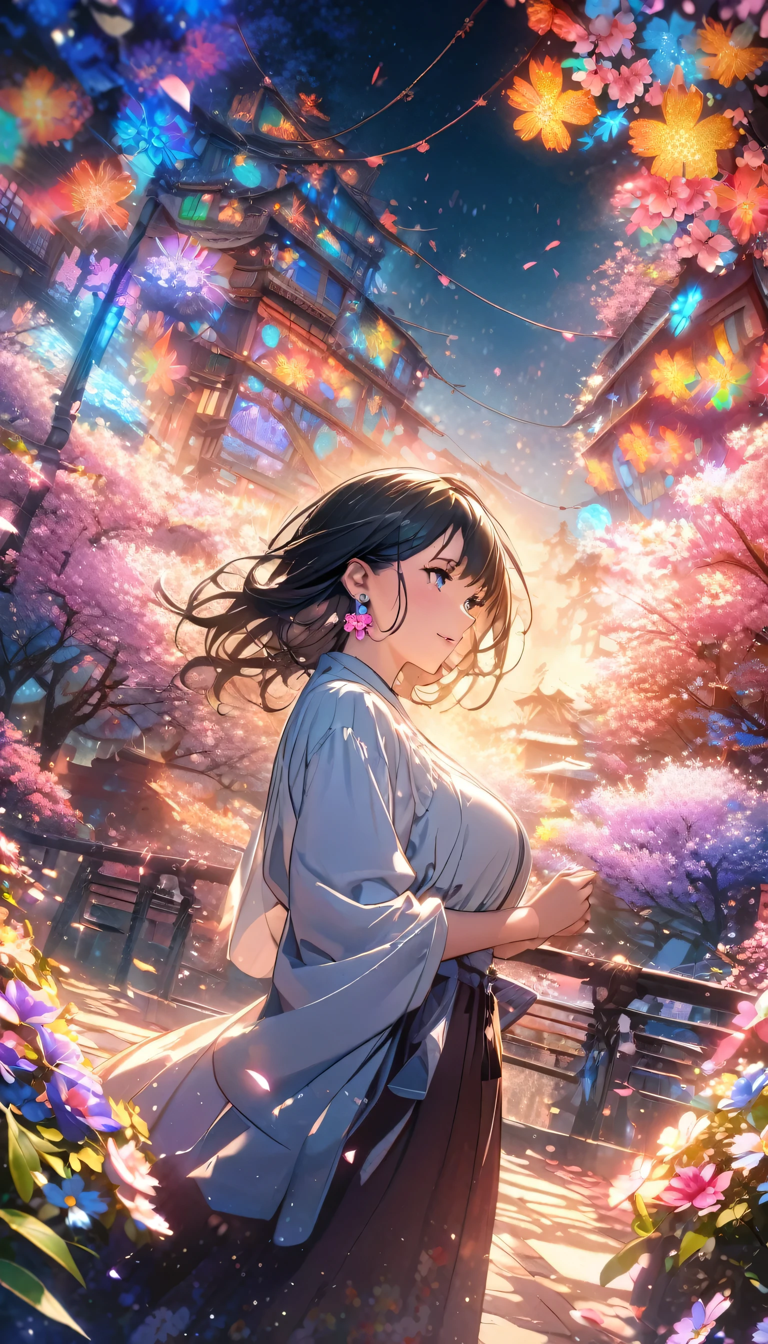 Anime Style, Ultra-fine illustrations, Very detailedな, Dynamic Angle, Beautiful details, 8k, On a Spring Night, Cherry blossom tree illuminated by city lights々is quietly shining. Break A woman stops, I was fascinated by the beautiful scenery, Watching the cherry blossoms fluttering down. Her expression is、It speaks of the coming of spring and a heartfelt admiration for the beauty of cherry blossoms.. masterpiece, highest quality, highest quality, Official Art, beautifully、Aesthetically beautiful:1.2), (1 girl, mature:1.3, Older:1.3), Very detailed,(Fractal Art:1.1),(colorful:1.4)(Flowers:1.3),Most detailed,(Tangled:1.2), (Dynamic pose), (Abstract background:1.3), (Shiny skin), (Many colors:1.4),(Earrings:1.4),