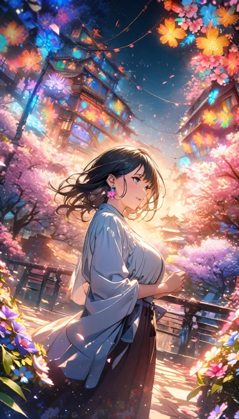 Anime Style, Ultra-fine illustrations, Very detailedな, Dynamic Angle, Beautiful details, 8k, On a Spring Night, Cherry blossom t...