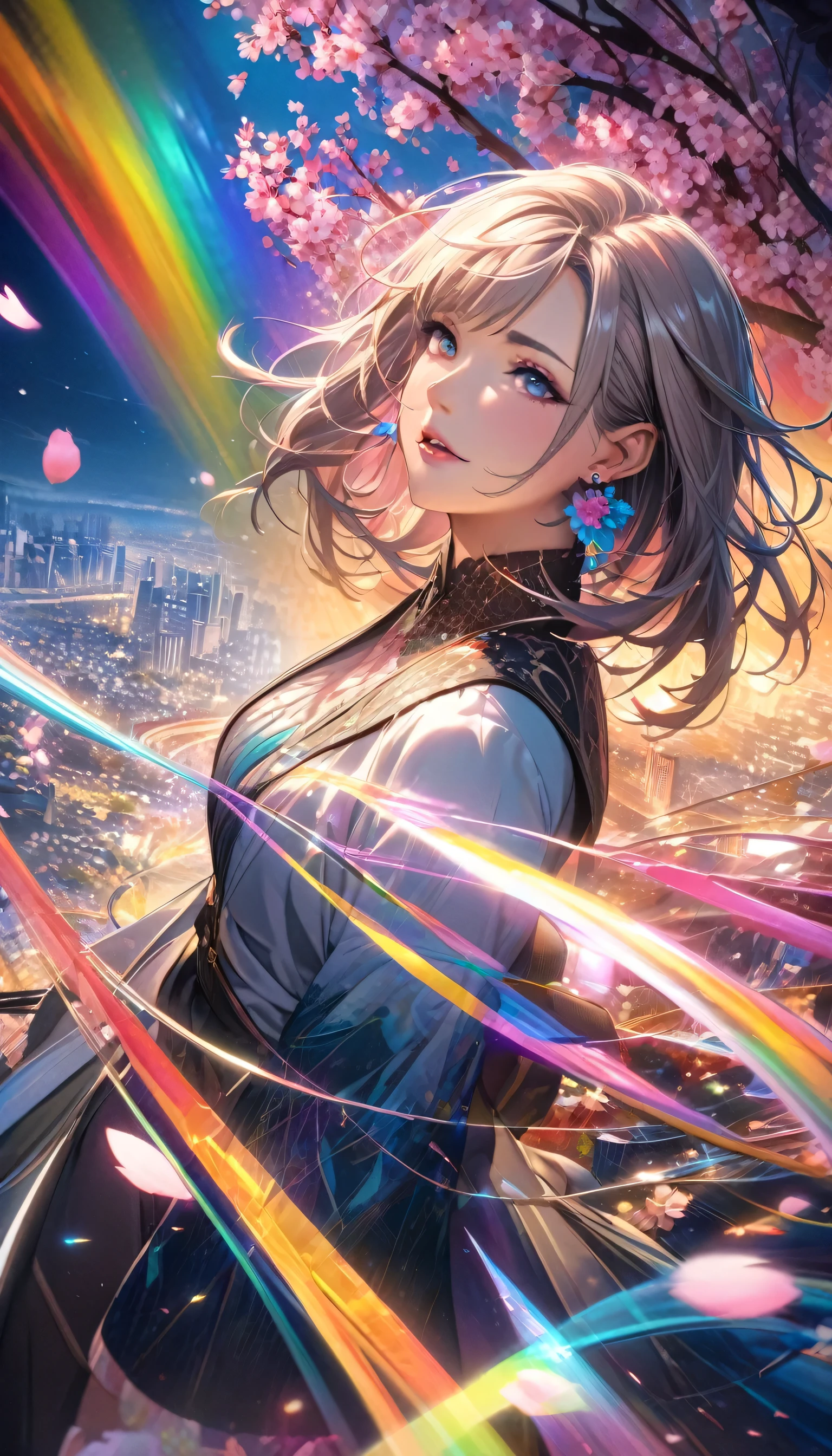 Anime Style, Ultra-fine illustrations, Very detailedな, Dynamic Angle, Beautiful details, 8k, On a Spring Night, Cherry blossom tree illuminated by city lights々is quietly shining. Break A woman stops, I was fascinated by the beautiful scenery, Watching the cherry blossoms fluttering down. Her expression is、It speaks of the coming of spring and a heartfelt admiration for the beauty of cherry blossoms.. masterpiece, highest quality, highest quality, Official Art, beautifully、Aesthetically beautiful:1.2), (1 girl, mature:1.3, Older:1.3), Very detailed,(Fractal Art:1.1),(colorful:1.4)(Flowers:1.3),Most detailed,(Tangled:1.2), (Dynamic pose), (Abstract background:1.3), (Shiny skin), (Many colors:1.4),(Earrings:1.4),