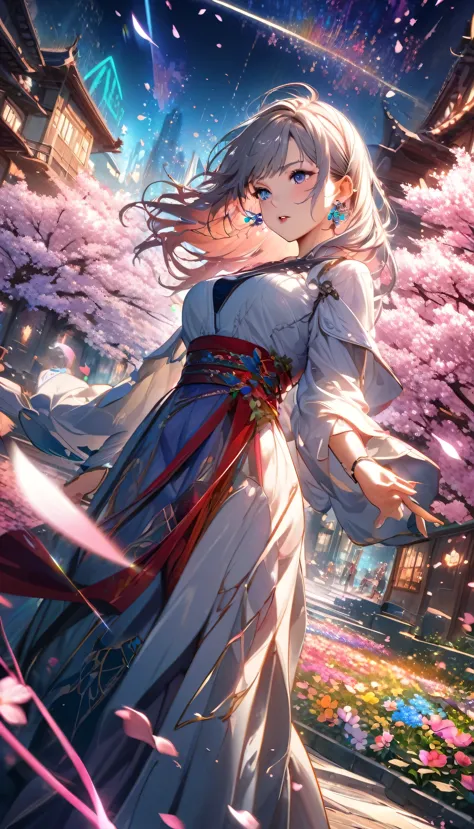 Anime Style, Ultra-fine illustrations, Very detailedな, Dynamic Angle, Beautiful details, 8k, On a Spring Night, Cherry blossom t...