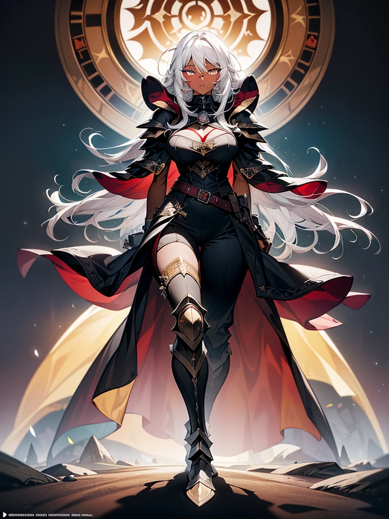 (masterpiece, best quality), (Official art, masterpiece, 8k, ultra-detailed), ultra-detailed, photo of a beautiful 32 year old woman, ((dark skin)), white hair, wearing round glasses on her face, eyes red and yellow, wearing a tight black jumpsuit, with light armor, large, ultra-detailed breasts, (ultra-detailed face), (1 dark-skinned woman), long white hair, ((((Heterochromia in eyes, ultra-detailed red and yellow eyes)))), (very detailed eyes: 1,2), (((ultra-detailed red and yellow eyes))), heterochromia of red and yellow eyes very well presented, (wearing round glasses on the face very detailed: 1,2), well designed glasses, ((gauntlets and high heel boots)), witch items, belts, (ideal body proportion), ((black jumpsuit with light armor)), ultra detailed character, wallpaper, pinterest, Fantasy Art, (Fantasy art), fantasy scene, (medieval magic village), wallpaper, pinterest, front photo, exterior, cinematic photo, natural light, beach photo, wallpaper, pinterest, badass image, perfect photo, volumetric lighting