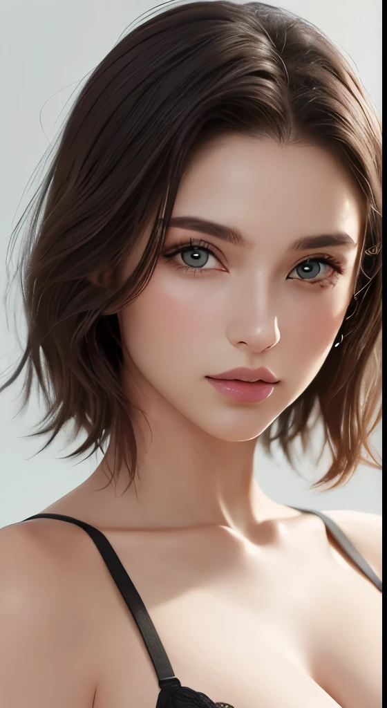 masterpiece, Highest quality, {Highest quality}, {{masterpiece}}, {High resolution}, 8K uhd、RAWphotograph、モデルphotograph撮影、 European race、(masterpiece、Highest quality、Photorealistic、High resolution、photograph:1.3)、Close-up、Focusing、Hot Model、slim、30 year old mature woman、Small face、No makeup、short hair、Dark Hair、Thin beautiful eyes、Real Skin、(perfect body)、Detailed beautiful eyes、Glossy lips、Small breasts、Small breasts、Bust B cup、Realistic details、Cool beauty、Sexy pose、Background gray、Plain gray background