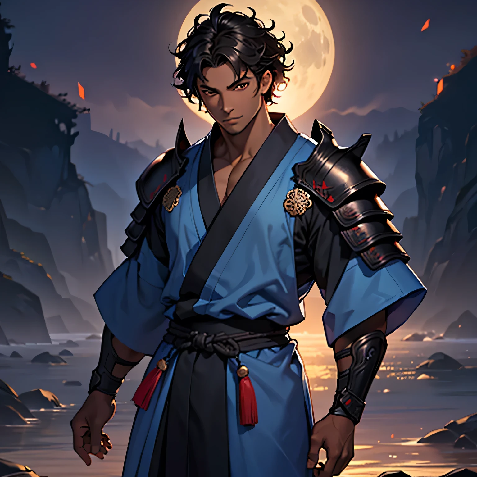 black short hair, dark skin male, Curly hair, bright brown eyes, Eye reflection, samurai armor and dark blue yukata, Teenager, Palacio Ambience, Beautiful appearance, Anatomically accurate., Masterpiece, super detaill, High Quality, Best Quality, 8K, one man&#39;s masterpiece,Background with:In front of an ancient Roman fountain, waterdrops, tentacles