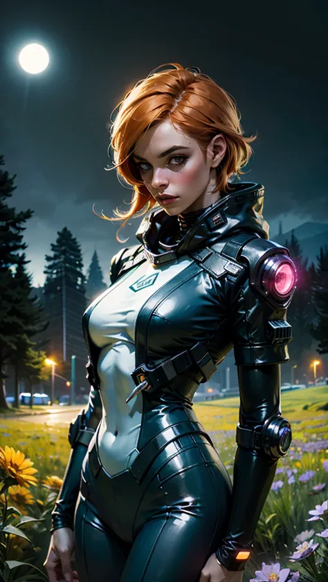 girl with orange hair, With a blue cyberpunk outfit, In the colorful meadow, at night