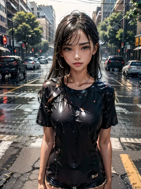 a beautiful girl crying in the countryside road, rainy, trees around the road, standing, wet shirt, long hair, black hair, ((sma...