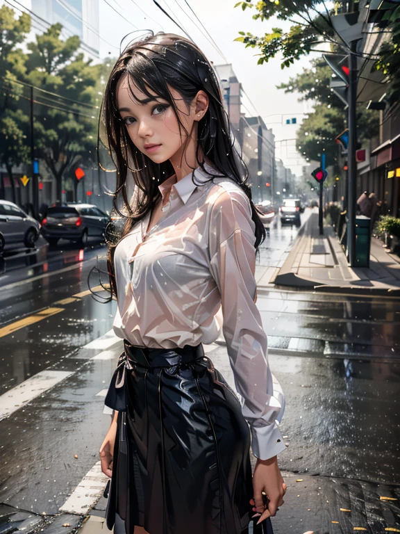 a beautiful girl crying in the countryside road, rainy, trees around the road, standing, wet shirt, long hair, black hair, ((small breasts))