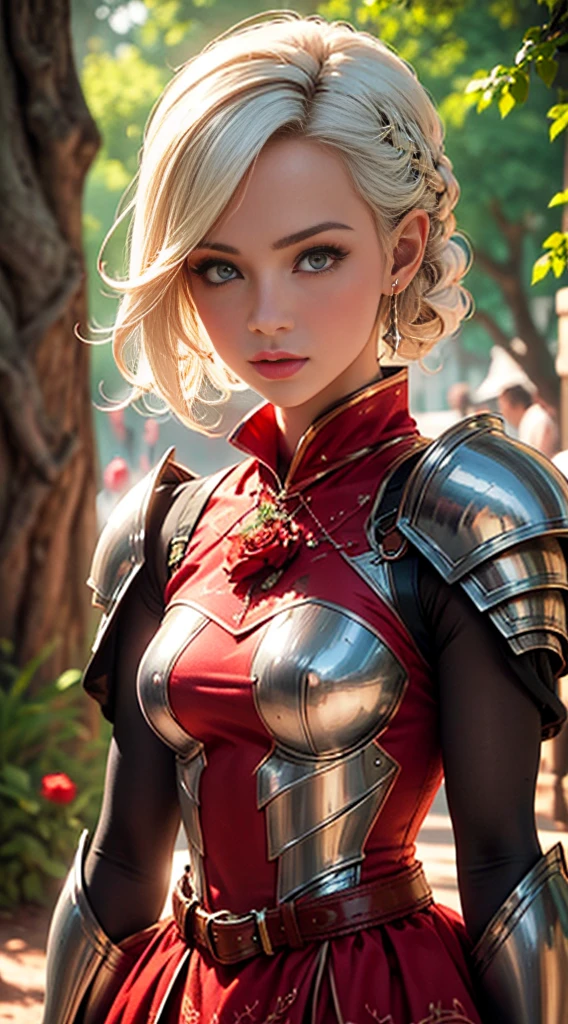 photorealistic, octane render, best quality, 1girl, , short girl, noelle gi, short hair, white hair, green eyes, braid, hair flower, red rose, knight armor, fantasy armor, maid skirt, belt, looking at viewer, sharp focus, (8k), (4k), (Masterpiece), (Best Quality), (realistic skin texture), extremely detailed, intricate, hyper detailed, illustration, soft lighting, high resolution, sharp detail, vivid, colorful, outdoors, nature, 