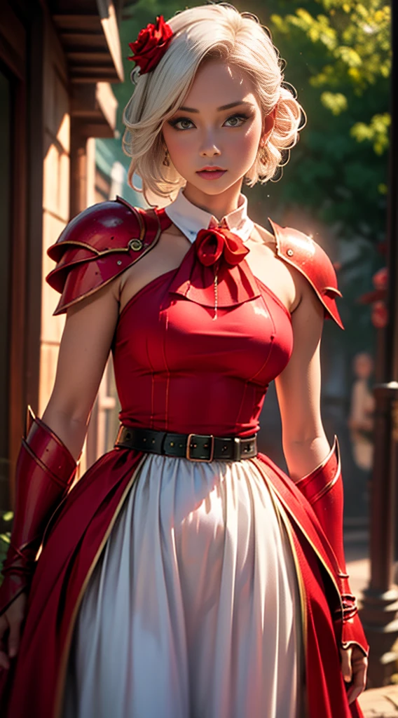 photorealistic, octane render, best quality, 1girl, , short girl, noelle gi, short hair, white hair, green eyes, braid, hair flower, red rose, knight armor, fantasy armor, maid skirt, belt, looking at viewer, sharp focus, (8k), (4k), (Masterpiece), (Best Quality), (realistic skin texture), extremely detailed, intricate, hyper detailed, illustration, soft lighting, high resolution, sharp detail, vivid, colorful, outdoors, nature, 