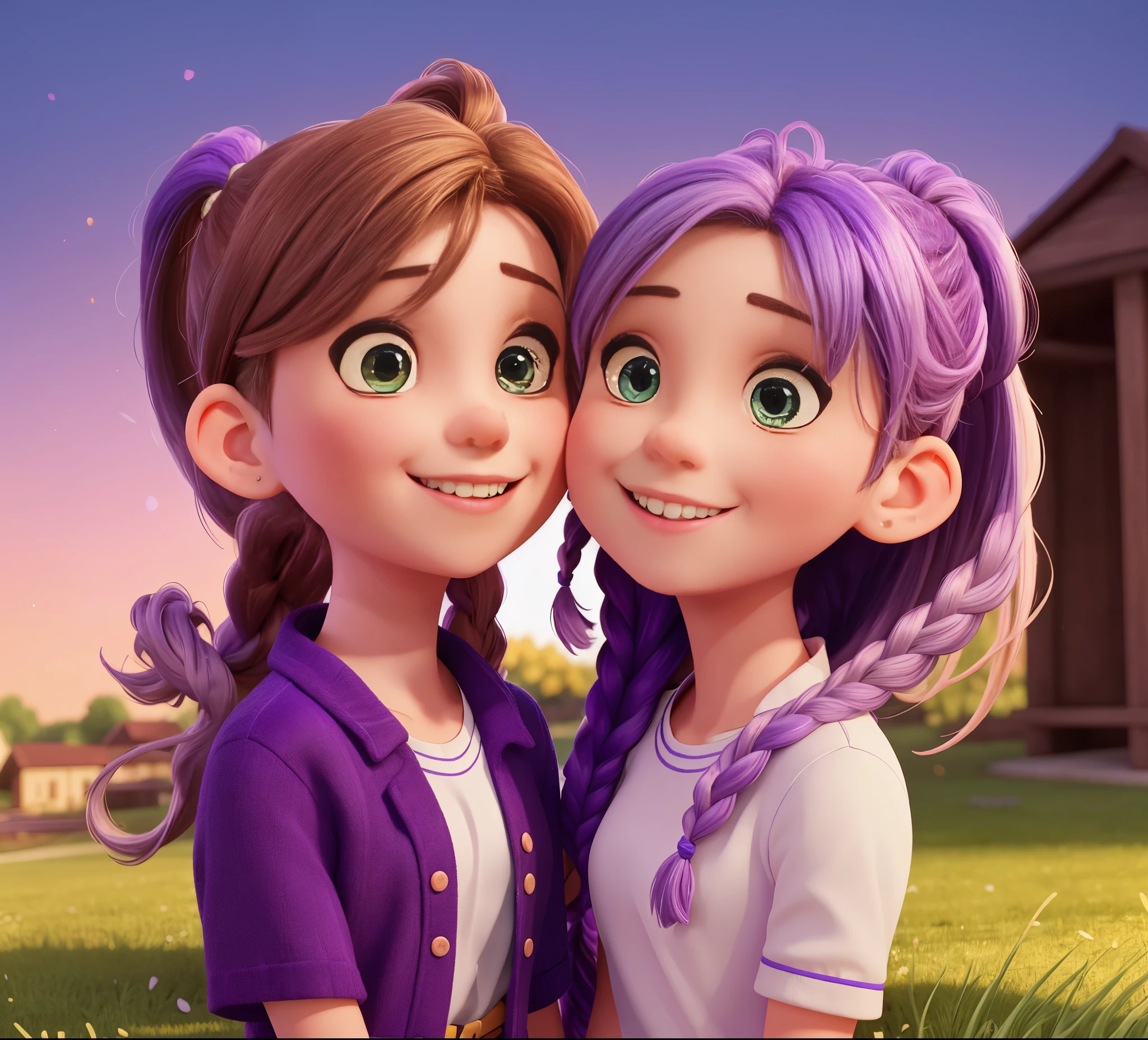 1boy,A girl with purple and white gradient double braids and long ponytail,,youthful,vibrant,natural,sunny grassy backdrop,smiling faces,eye contact,tender emotions,sweet atmosphere,illustration,pastel colors,best quality,4k,8k,highres,masterpiece:1.2,ultra-detailed,realistic,photorealistic:1.37,studio lighting,professional,soft focus,vivid colors,luminous lighting