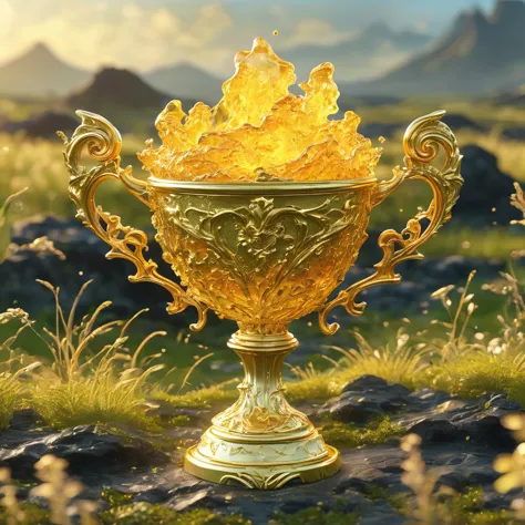 best quality, very good, 16K, ridiculous, Extremely detailed, Lovely(((Gold Trophy:1.3)))，Made of translucent boiling lava, Back...