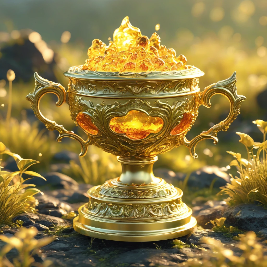 best quality, very good, 16K, ridiculous, Extremely detailed, Lovely(((Gold Trophy:1.3)))，Made of translucent boiling lava, Background grassland（（A masterpiece full of fantasy elements）））， （（best quality））， （（Intricate details））（8k）