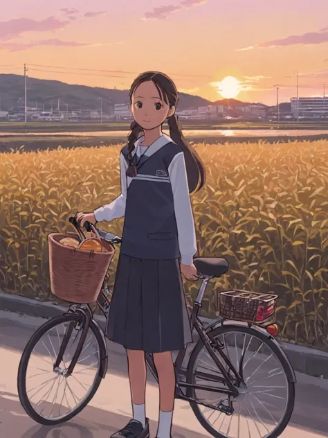 One Girl，alone, middle School girls，Ground vehicles, bicycle, uniform，skirt,  null, Long Hair, Outdoor, Beautiful sunset，bicycle...