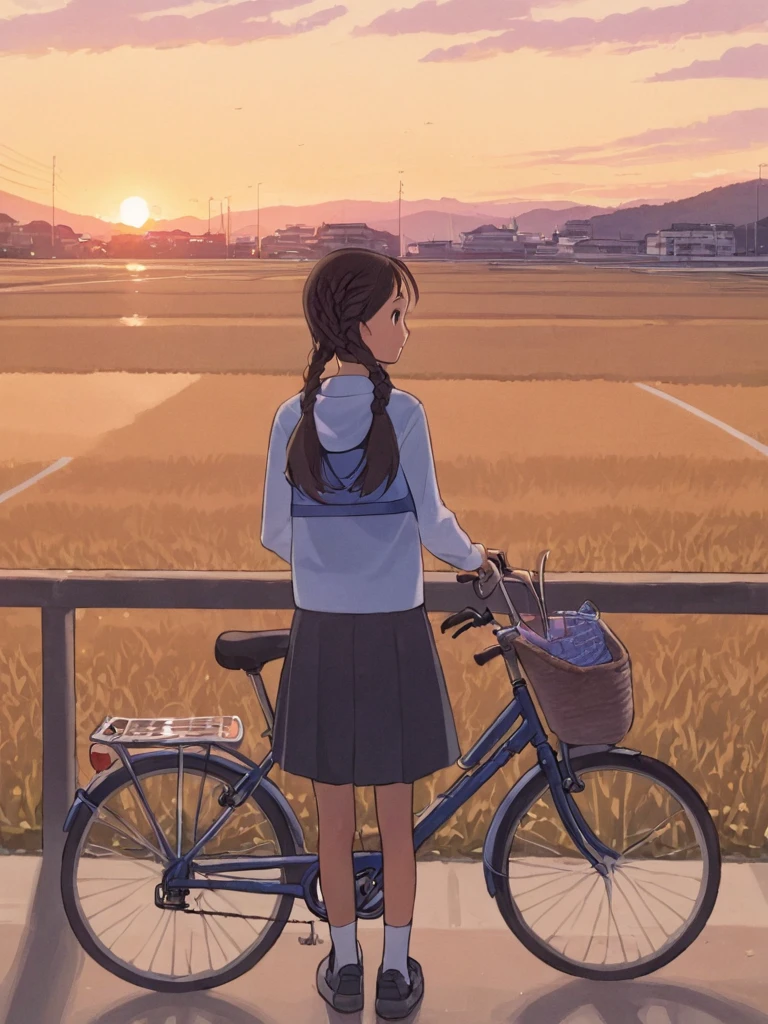 One Girl，alone, middle School girls，Ground vehicles, bicycle, uniform，skirt,  null, Long Hair, Outdoor, Beautiful sunset，bicycle basket, Brown Hair, Food down, Twin tails, Braiding, twin Braidings, Hair that falls over the shoulders, Long sleeve, View your viewers,  Brown eyes, Are standing, Riverbank，Mouth closed, building,  car