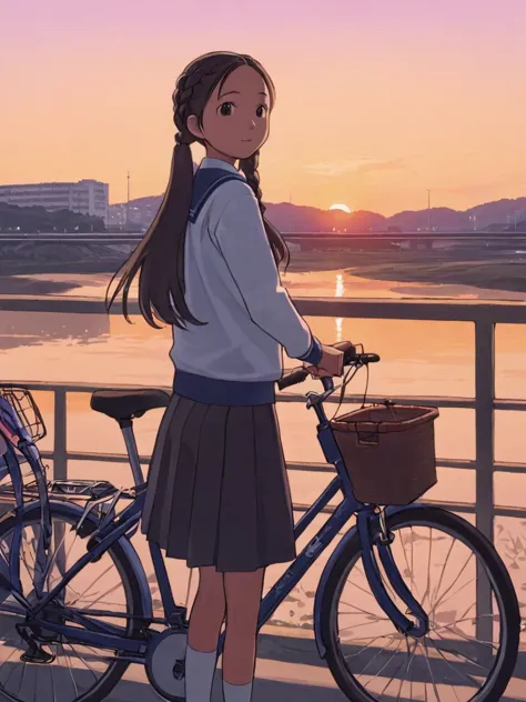 One Girl，alone, middle School girls，Ground vehicles, bicycle, uniform，skirt，null，Long Hair，Outdoor，Beautiful sunset，bicycle bask...