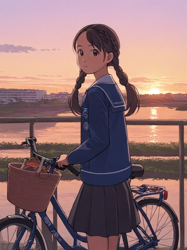 One Girl，alone, middle School girls，Ground vehicles, bicycle, uniform，skirt，null，Long Hair，Outdoor，Beautiful sunset，bicycle basket，Brown Hair，Twin tails，Braiding，twin Braidings，Hair that falls over the shoulders, Long sleeve, View your viewers, Brown eyes, Are standing, Riverbank，Mouth closed, building, car