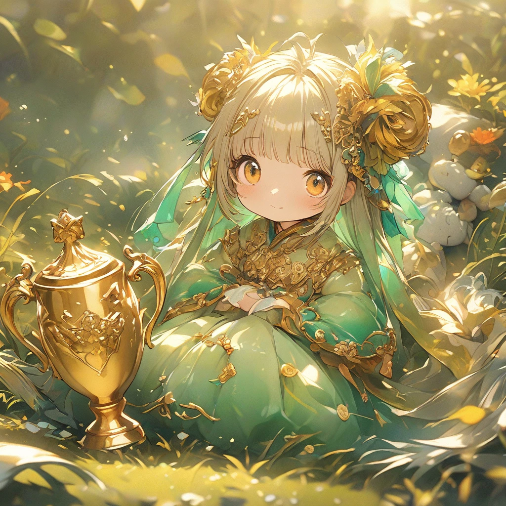 best quality, very good, 16K, ridiculous, Extremely detailed, Lovely(((Gold Trophy:1.3)))，Made of translucent jadeite, Background grassland（（A masterpiece full of fantasy elements）））， （（best quality））， （（Intricate details））（8k）