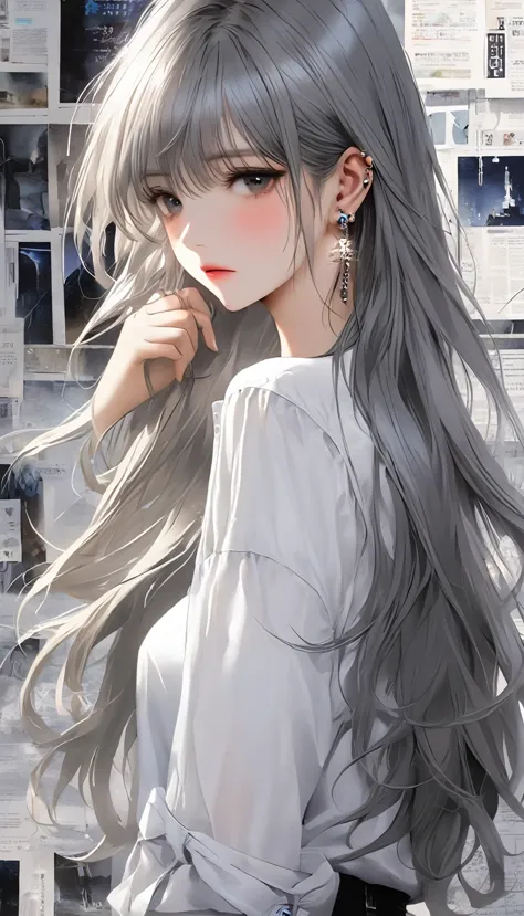 1 girl, lonely, long hair, shirt, white shirt, bangs, upper body, earrings,  jewelry, gray hair, shut up、thinking ahead