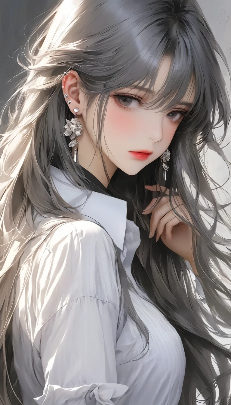 1 girl, Lonely, Long Hair, shirt, white shirt, bangs, Upper Body, Earrings,  jewelry, Gray Hair, shut up、Thinking Ahead