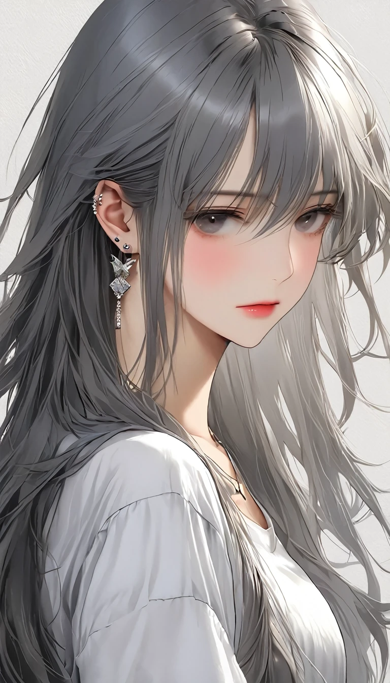 1 girl, Lonely, Long Hair, shirt, white shirt, bangs, Upper Body, Earrings,  jewelry, Gray Hair, shut up、Thinking Ahead