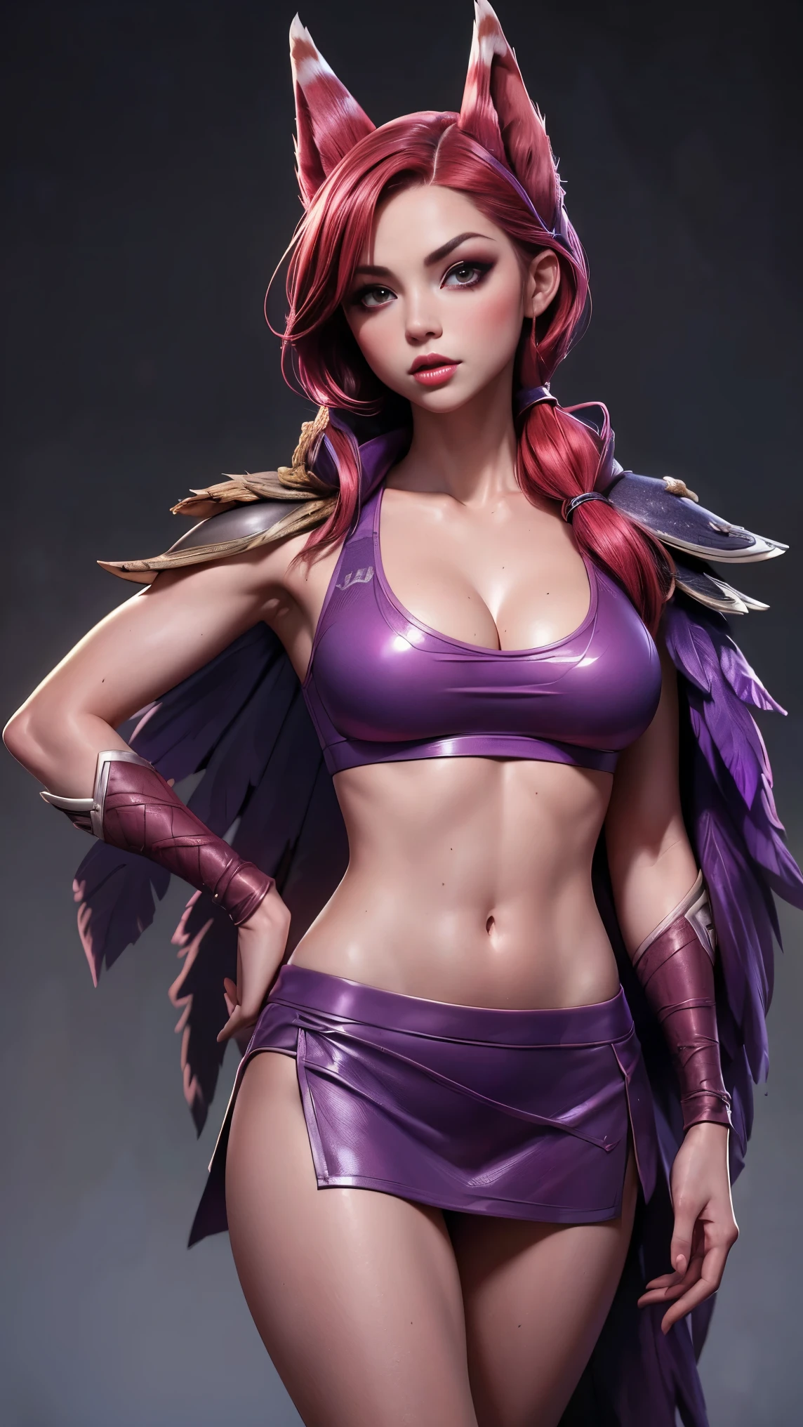 (ultra realistic,32k,RAW photo:1.1), (league of legends), ((cleavage)), ((purple sports bra)), ((purple mini skirt)), ((belly free)), ((beautiful Face)), (high detailed skin:1.1), 8k uhd, dslr, ((looking at the viewer)), high quality, ((orange eyes)), ((Xayah cape)), ((black Background)), ((red hair)), film grain, shiny skin, ((sexy face)), (makeup, mascara:1.1) , lips,(thick\lips\), (shiny glossy translucent clothing:1.1), Xayah, ((breast:0.5)), ((upper body photo)), ((standing)), ((Arms behind the back)),