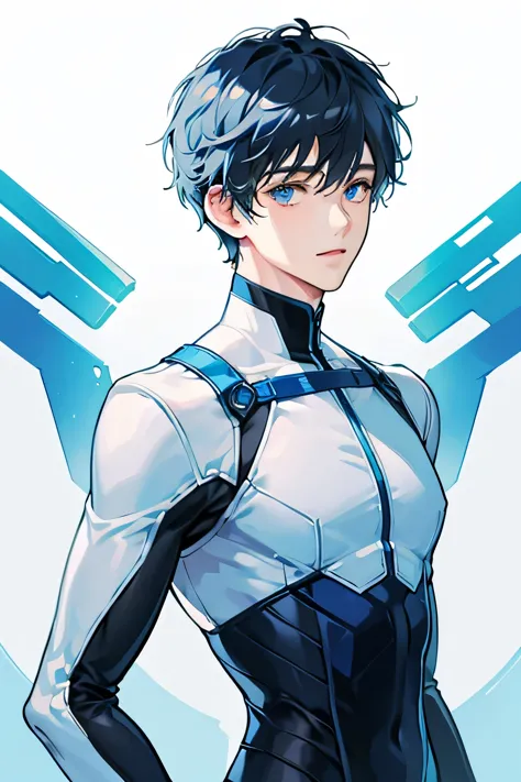 Handsome　Short cut　Short Hair　A tight white and blue rubber suit　future　universe　whole body