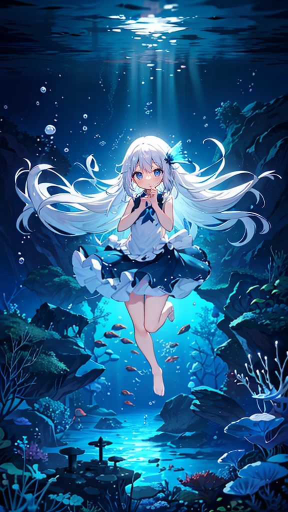 (Peace Fly), (highest quality), Very detailed, 1 girl, Personal full-body photo, Perfect Face, beautiful girl, Very detailed顔，(Long white hair:1.5)，(blue eyes:1.4)，(Flowing Hair:1.4)，(Underwater:1.4)，sink，school fishy，Light，jellyfish，Seaweed，Redfish，fishy，deep sea，Fantasy