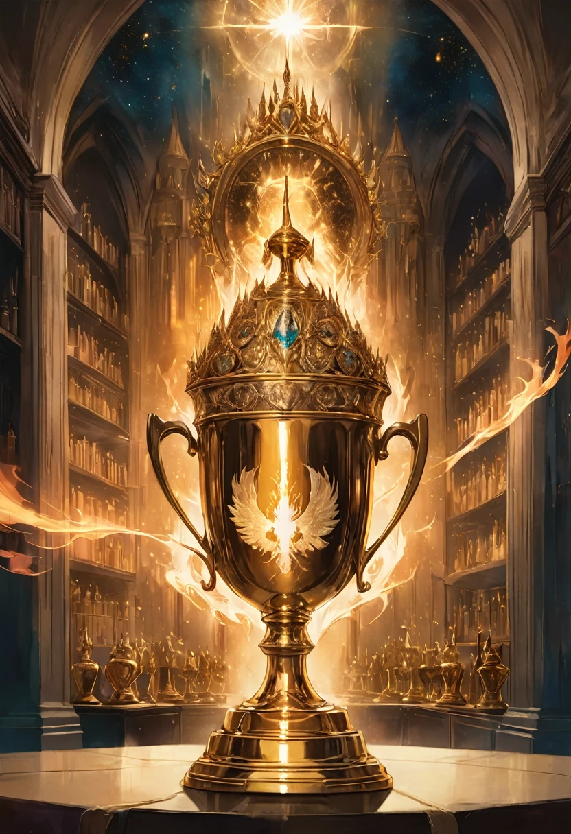 Goldene Trophäe, jinsixiangyun, traditionell, Abonnieren, atemberaubende Film-Standbild von "der mystisch bezaubernd leuchtende Trimagische Turnierpokal aus Harry Potter und der Feuerkelch" Doppelbelichtung Kunstfotografie, Fantasie, beschwingt, Surrealismus, hyperdetailliert, hypermaximale Filmstillfotografie von Meg Chikhani, Andree Wallin, Ismail Inceoglu, Rlon, Jeremy Mann, Android Jones