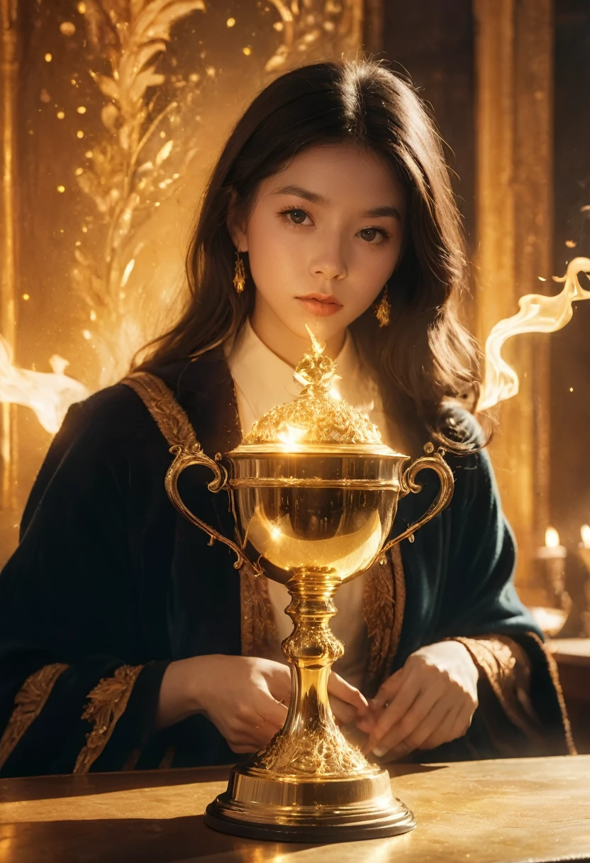 Goldene Trophäe, jinsixiangyun, traditionell, Abonnieren, atemberaubende Film-Standbild von "der mystisch bezaubernd leuchtende Trimagische Turnierpokal aus Harry Potter und der Feuerkelch" Doppelbelichtung Kunstfotografie, Fantasie, beschwingt, Surrealismus, hyperdetailliert, hypermaximale Filmstillfotografie von Meg Chikhani, Andree Wallin, Ismail Inceoglu, Rlon, Jeremy Mann, Android Jones