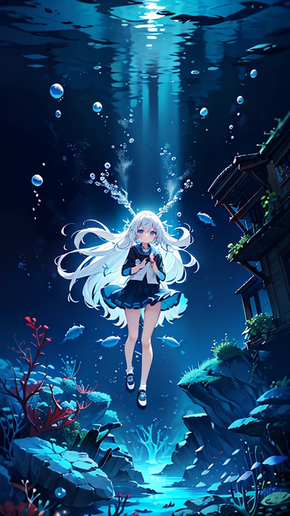 (Peace Fly), (highest quality), Very detailed, 1 girl, Personal full-body photo, Perfect Face, beautiful girl, Very detailed顔，(Long white hair:1.5)，(blue eyes:1.4)，(Flowing Hair:1.4)，(Underwater:1.4)，sink，school fishy，Light，jellyfish，Seaweed，Redfish，fishy，deep sea，Fantasy