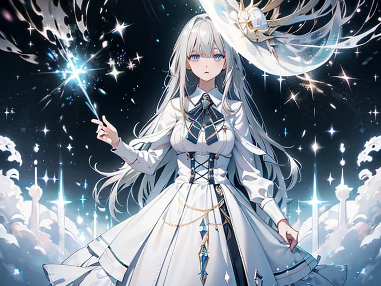 (Very detailed, Perfect Pixel, High resolution, highest quality, Beautifully drawn eyes in every detail), woman, Magical Aura, Two-color eyes, Gray Hair, White Dress, elegant, The background is full of magic particles, Shining Light, reflected light, Motion Blur, 8k, Super Detail, Accurate, highest quality, Ray Tracing.