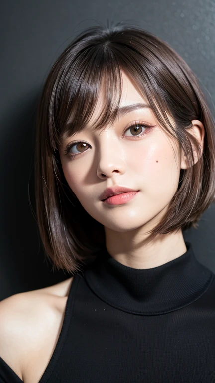 (((Close-up of face)))、(((Absolutely shoulder-length brown straight short bob)))、(((She is posing like a hair salon model, with a black wall indoors as the background.)))、(((Casual black winter long sleeves with shoulders covered)))、Half Japanese, half Korean、18 year old girl、Standing Alone、Looking forward、Light eye makeup、Brown Hair Color、Flat and 、Hair blowing in the wind、Actress Quality、Glossy, ultra-realistic face、Smiling face、Watery eyes、Gazing Up、Subtle lighting effects、 Ultra-Realistic Capture、Very detailed、High resolution 16K close up of human skin。Skin texture must be natural、The details must be such that pores can be clearly seen、The skin is healthy、Uniform tone、Use natural light and colors、A worn-out, high-quality photo taken by a model agency&#39;s in-house photographer.、smile、(((SIGMA 300 mm F/1.4,1/1000 sec shutter,ISO 400))) 