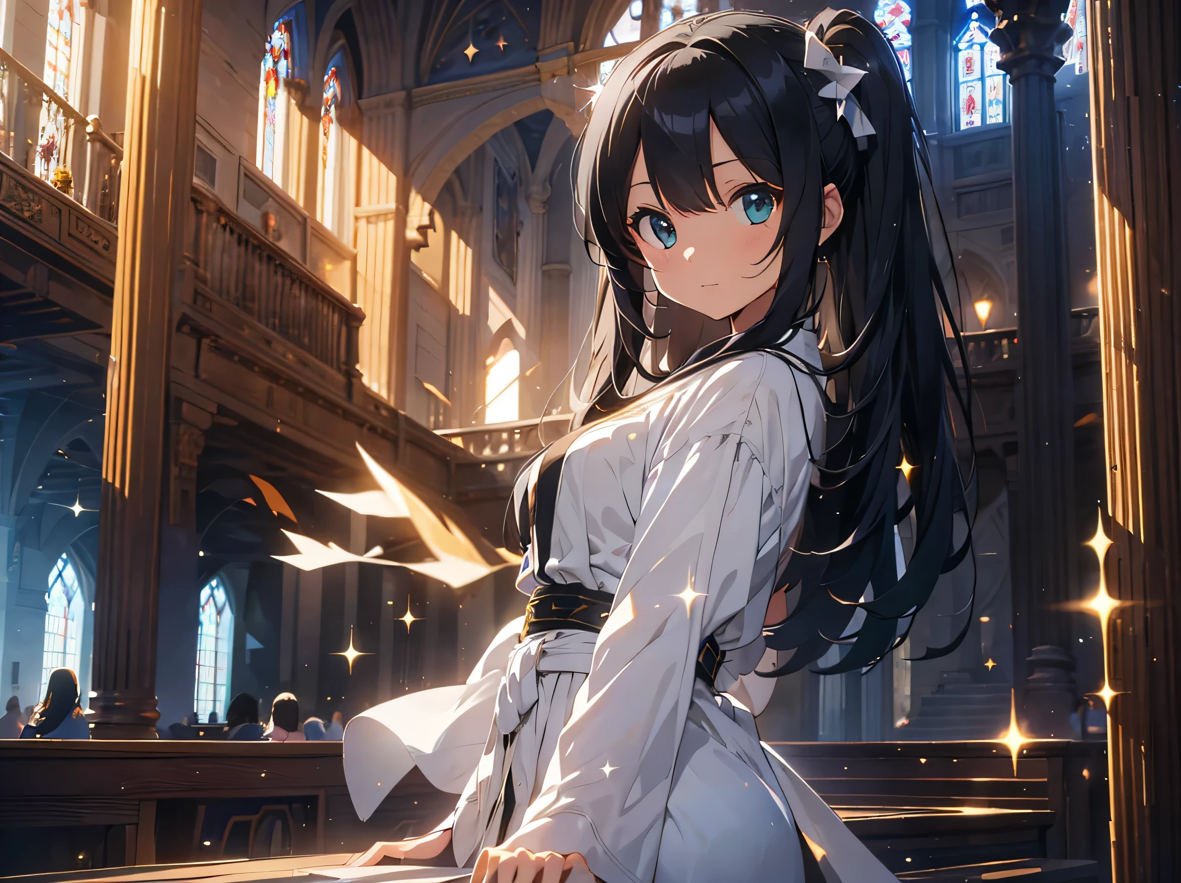 Black Hair Girl, A holy knight in a white robe, (Robes and Armor), (Food), Emerald Eyes, A church where light shines in, Stained glass behind, hair two side up, depth of field, cinematic lighting, sparkle, f/2.8, 35mm, anime, anime style, UHD, high details, best quality, highres, textured skin, 4K